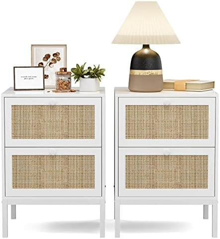 IKIFLY Rattan Nightstand Set of 2, Farmhouse Boho End Side Table with 2 Handmade Rattan Drawers, ... | Amazon (US)