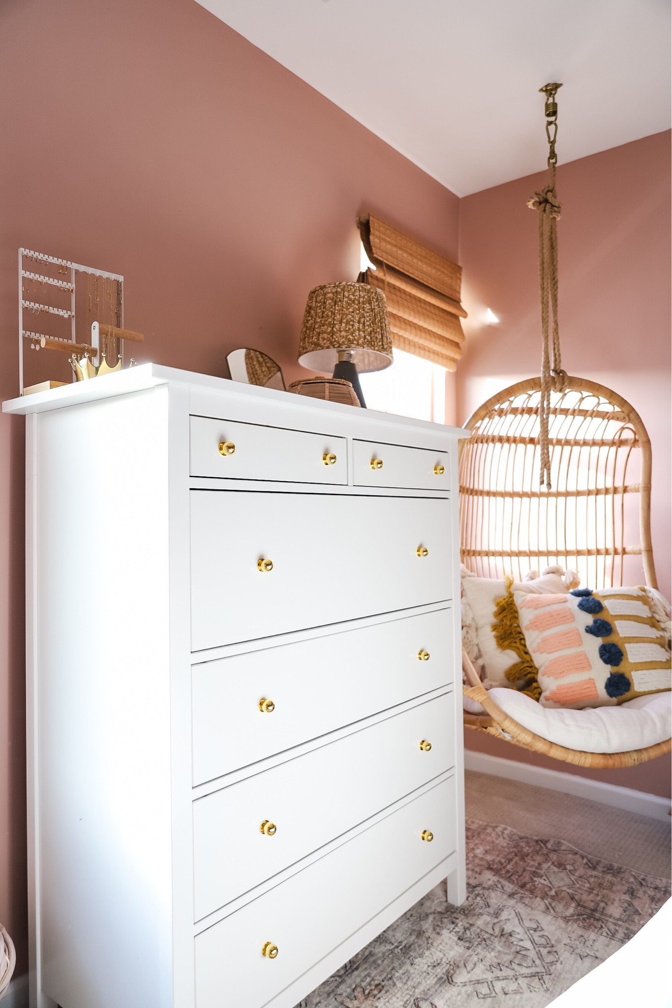 Teen room, hanging rattan chair, brass drawer pulls, pink vintage inspired rug 

#LTKHome
