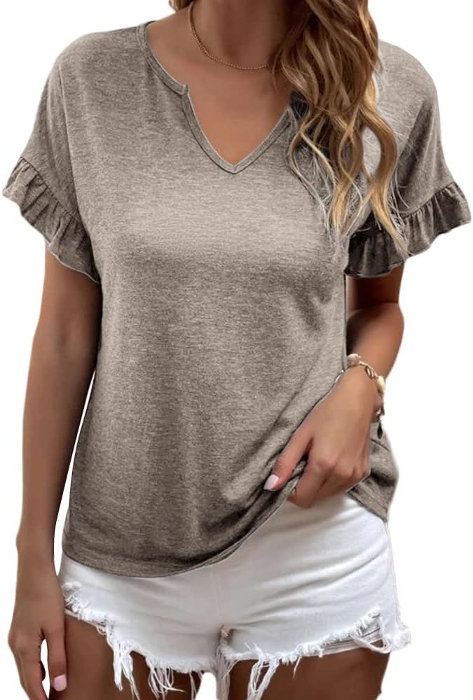 Amazon.com: FSHAOES Women's Casual T Shirts Summer V Neck Short Sleeve Tops Notched Neckline Flou... | Amazon (US)