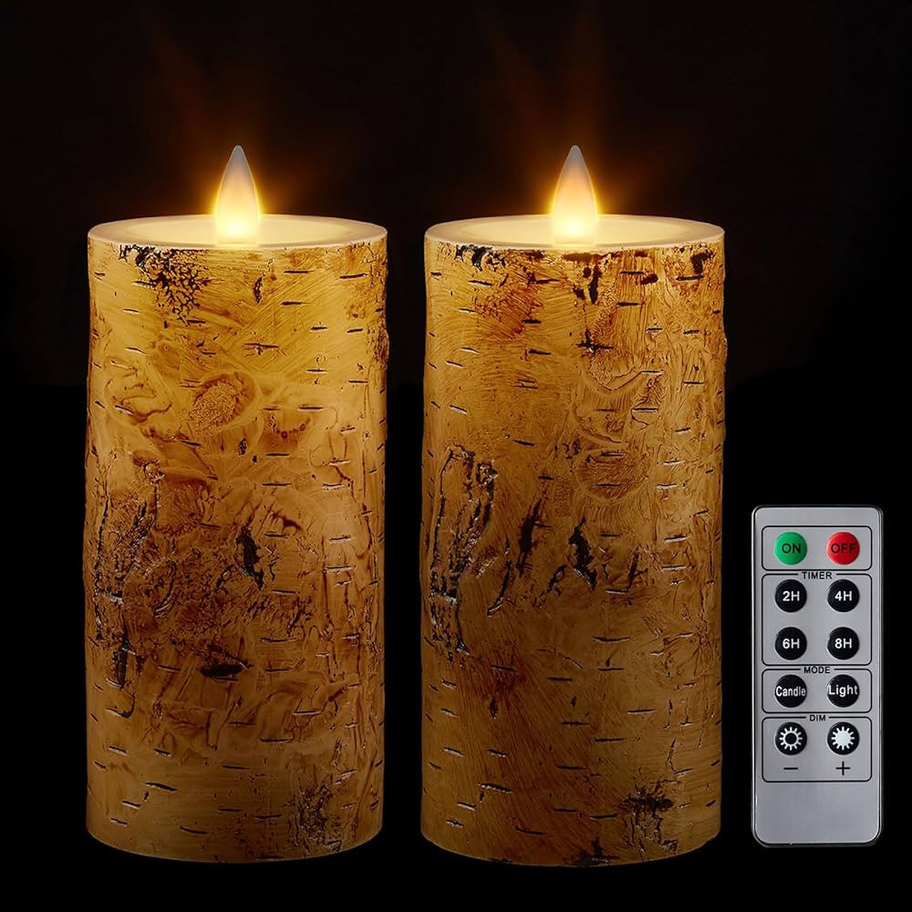 Birch Bark Wax Flameless Candles with Remote Timer, Last 400-Hour with 2AA Batteries, 3D Moving F... | Amazon (US)