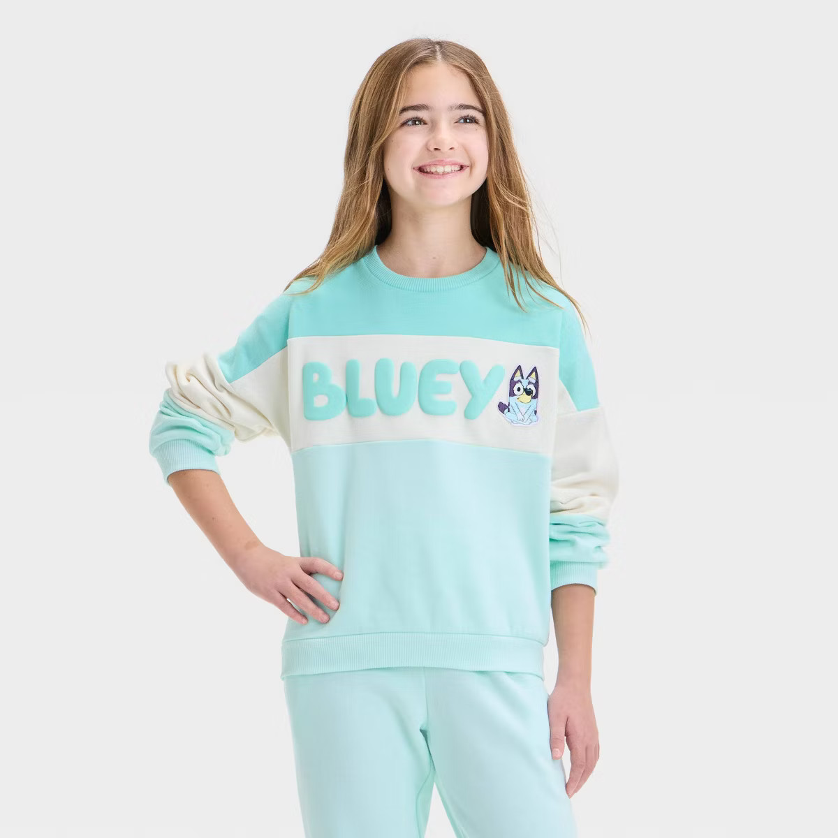 Girls' Bluey Colorblock Dreamy Fleece Sweatshirt - Aqua Blue | Target