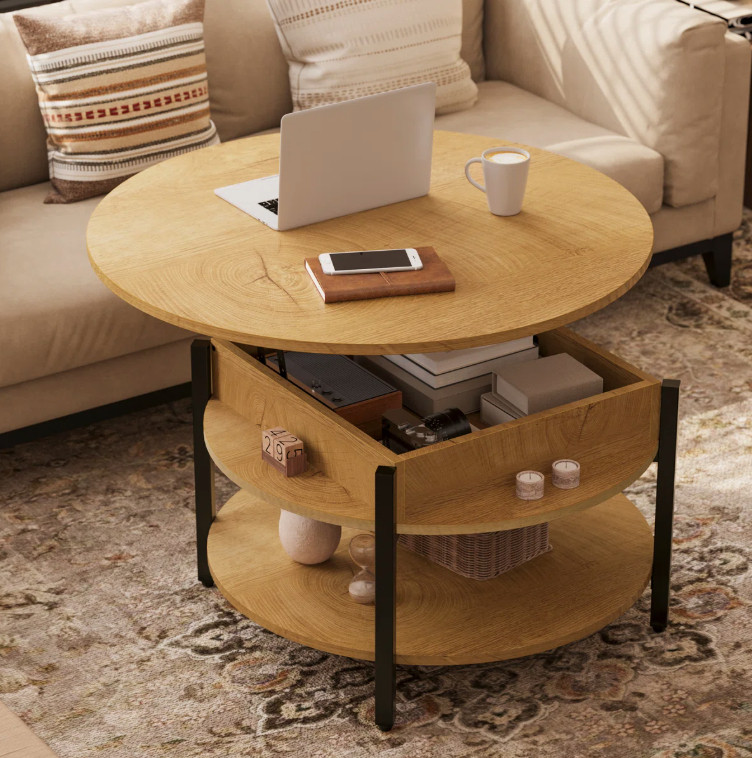 Wynny 27"W Round Lift-Top Wood Coffee Table with Storage

About This Product

A small round wooden coffee table that combines modern and vintage style It's here! Not only does it have a stylish design, but it also comes with double-layer multifunctional storage space, giving you and your furry friends a warm space to entertain together.
Features

Round Shape and Versatile Size: This coffee table allows you to comfortably work or study from the sofa, or casually chat and enjoy coffee with family and friends around it.
Modern round design: This round cocktail table with a woodgrain farmhouse style creates a design that's as simple as it is warm, so bring it home!
Lift top: When you want to work or eat, just a simple pull, can turn the coffee table into an office or dining table, to meet your different scene needs! Whether in the dining room, bedroom, living room, or office, I think this lifting coffee table is your ideal partner.
Smoothly Lift-top Design: The smooth lift-top design is driven by a high-quality spring hinges system, allowing effortless and noiseless lifting and lowering. Supported by sturdy metal legs and adjustable feet, this piece is built to last through everyday use.
4-in-1 storage: This small coffee table has both hidden and open storage space, with a hidden compartment at the top to help you store your laptop and books, and an open storage space at the bottom to store your blankets and a place for your furry friends to play.
Strong and Environmentally Friendly Material: The use of particle board and metal frame ensures stability and durability, meeting the EPA TSCA Title VI and CARB Certification standards for a safe and healthy living environment.
Easily to Assemble: Our detailed installation diagrams and provided tools ensure that assembly can be completed in less than an hour, allowing you to enjoy the process of bringing this beautiful piece into your home.
Hidden Compartment and Open Shelf: The hidden compartment beneath the tabletop, is perfect for storing your frequently used items like magazines, laptops, chess, and puzzles.  

 #LTKHome