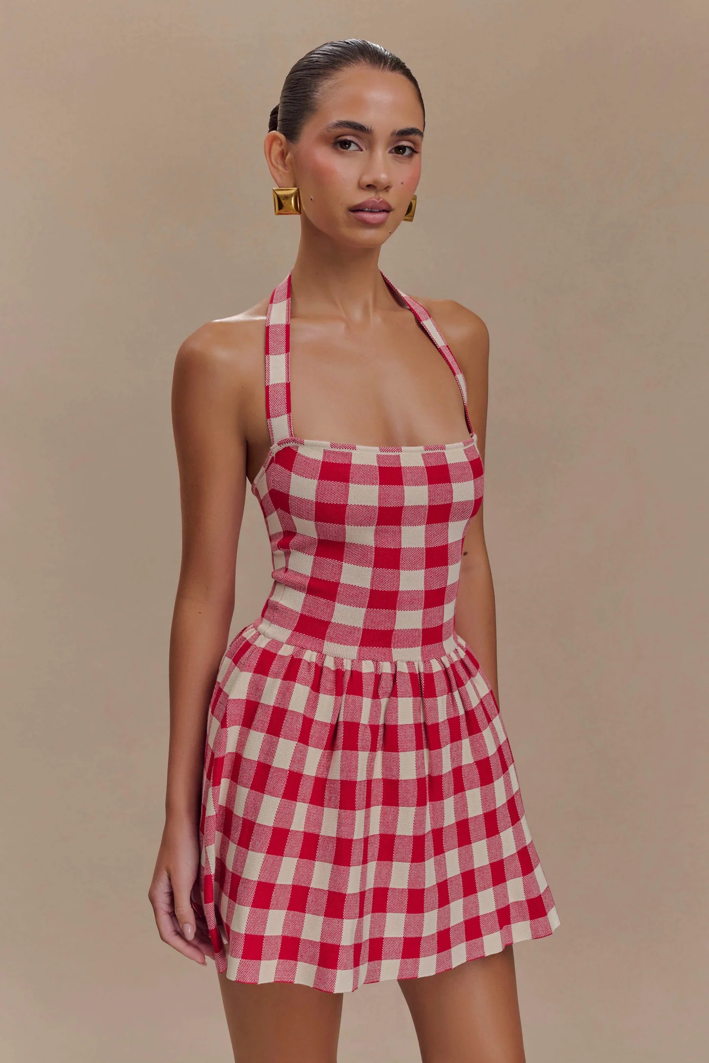 Lindsay Halter Knit Mini Dress - Red Gingham | MESHKI US