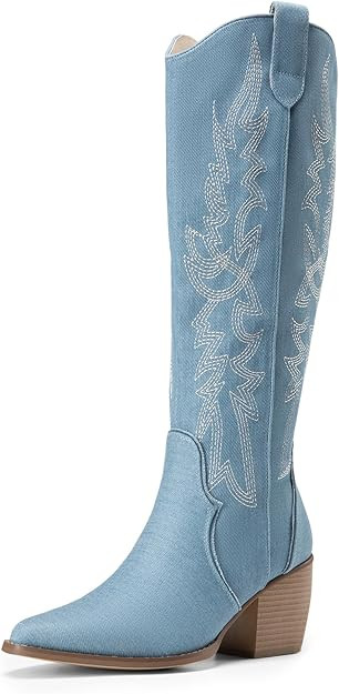 DREAM PAIRS Womens Cowboy Boots Wide Calf Comfortable Pull On Zipper Chunky Heel Pointed Toe Embr... | Amazon (US)