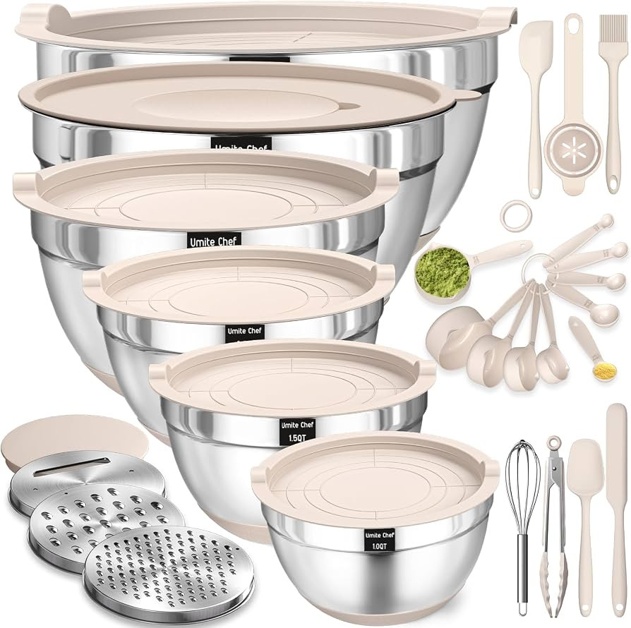 Mixing Bowls with Airtight Lids Set, 26PCS Stainless Steel Khaki Bowls with Grater Attachments, N... | Amazon (US)