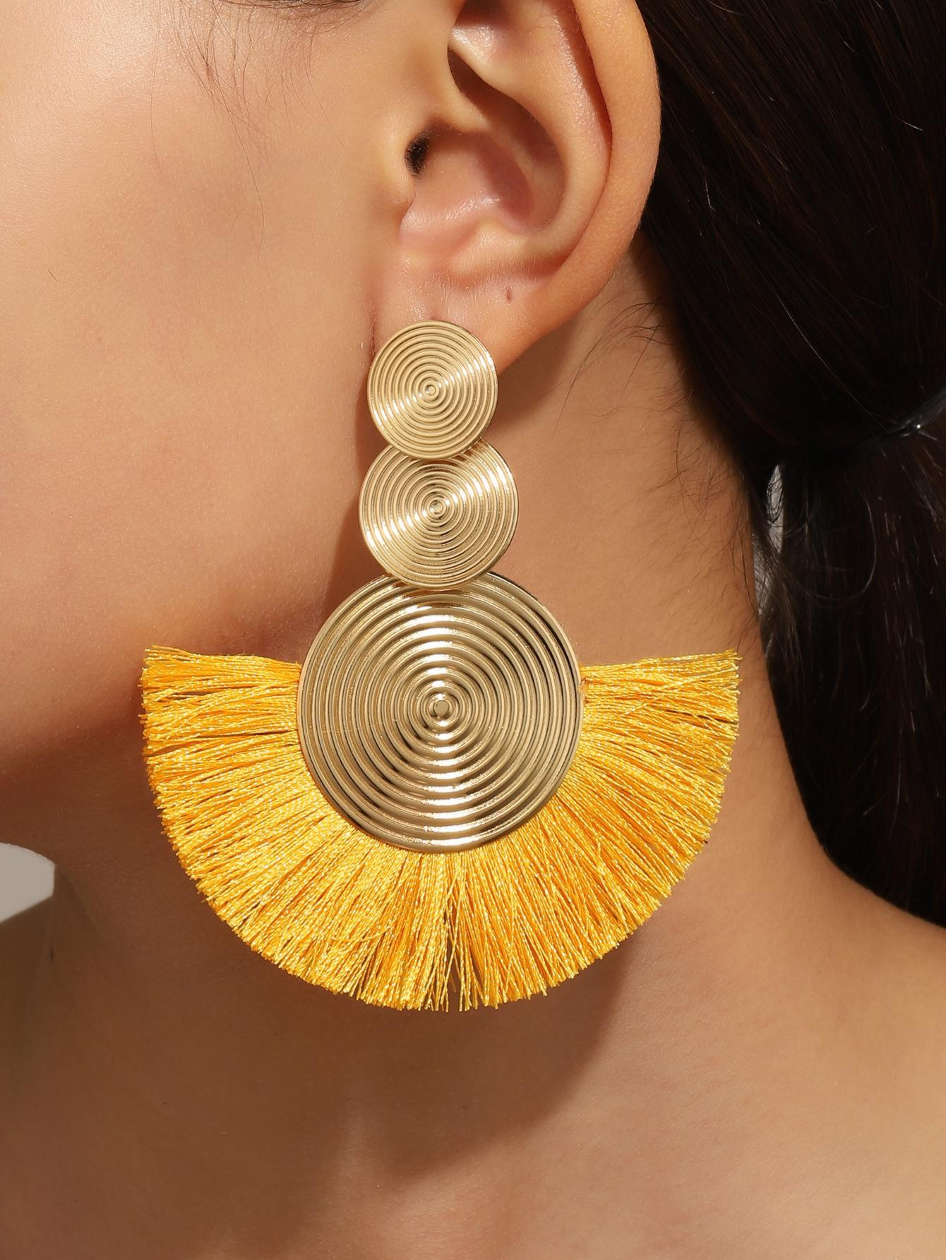 Trends1pair Geometric Exaggerated Circle Tassel Drop Earrings, Bohemian Style Fan-Shaped Earrings... | SHEIN