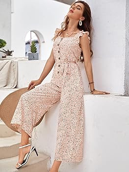 Floerns Women's Palm Leaf Print Shirred Back Button Cami Palazzo Jumpsuit | Amazon (US)