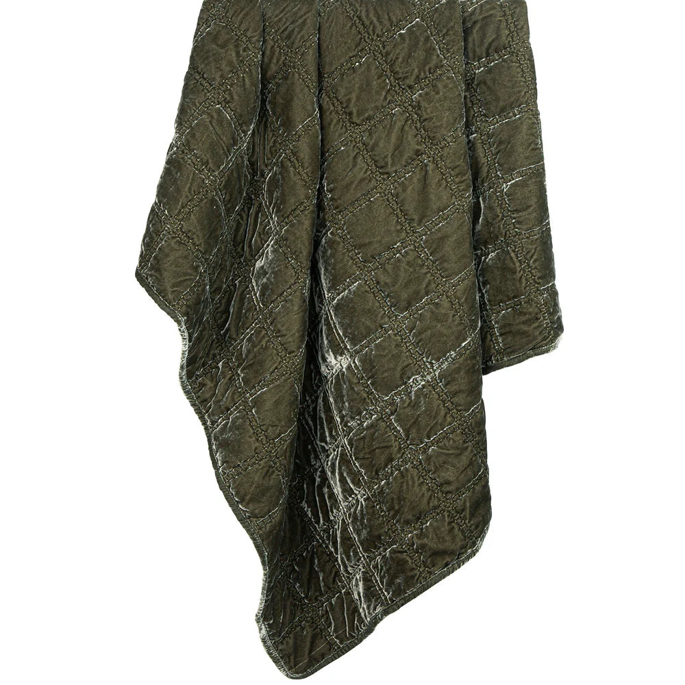 Sienna Faux Silk Velvet Double Box Stitch Throw Fern Green: As Seen In | Mintly Home