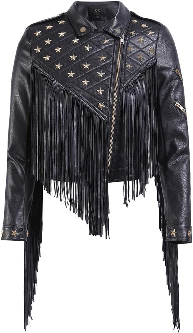SX Spring Autumn Women Jacket NEW Personality Tassel Rivets Faux Leather PU Short Biker Leather J... | Amazon (US)