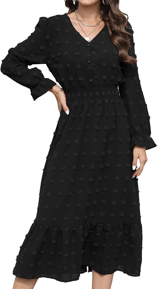 JUOIANTANG 2023 Women's Boho Maxi Fall Dress Long Sleeve V Neck High Waisted Button A-Line Ruffle... | Amazon (US)