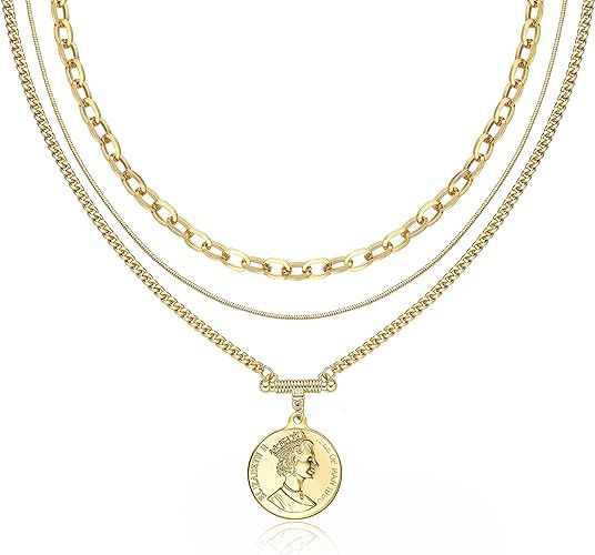 ACC PLANET Layered Choker Necklace, 14K Gold Plated Coin Pendant Necklace Paperclip Chain Chunky ... | Amazon (US)