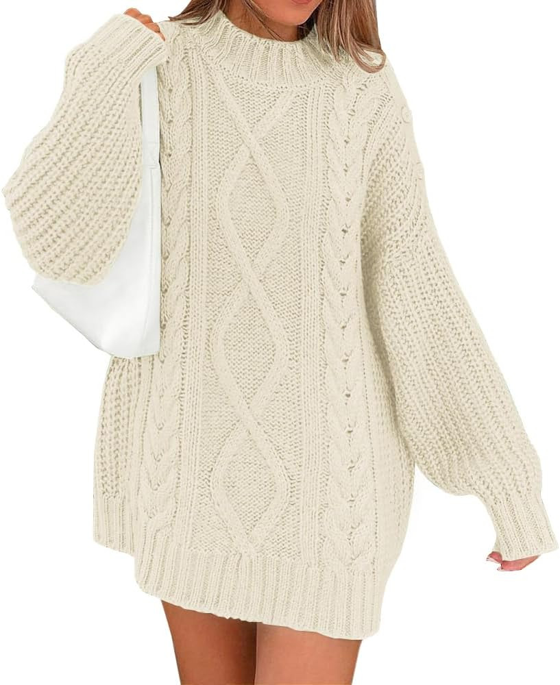 LILLUSORY Women's Crewneck Oversized Sweater Dress 2023 Fall Cable Knit Long Sleeve Chunky Casual... | Amazon (US)
