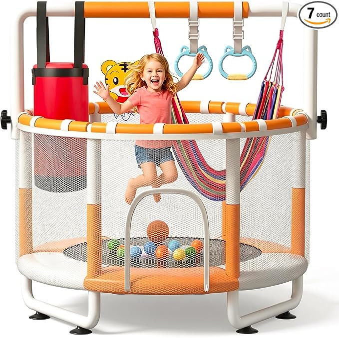 55" Kids Indoor Trampoline with Safety Net, Adjustable Gymnastics Bar & Toys – Indoor/Outdoor T... | Amazon (US)