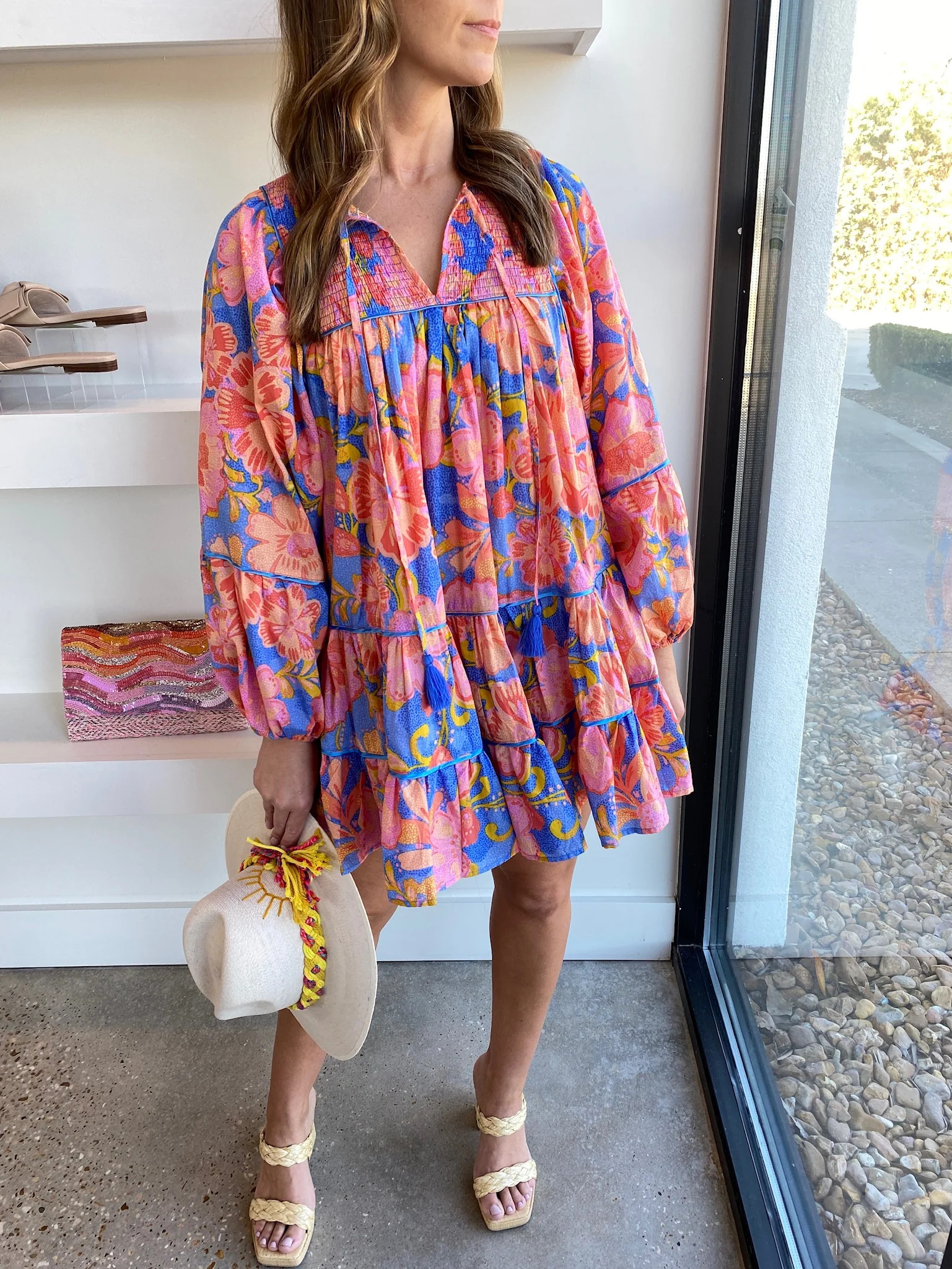 Blue/Pink Floral V Neck Boho Tier Dress | Amor lafayette