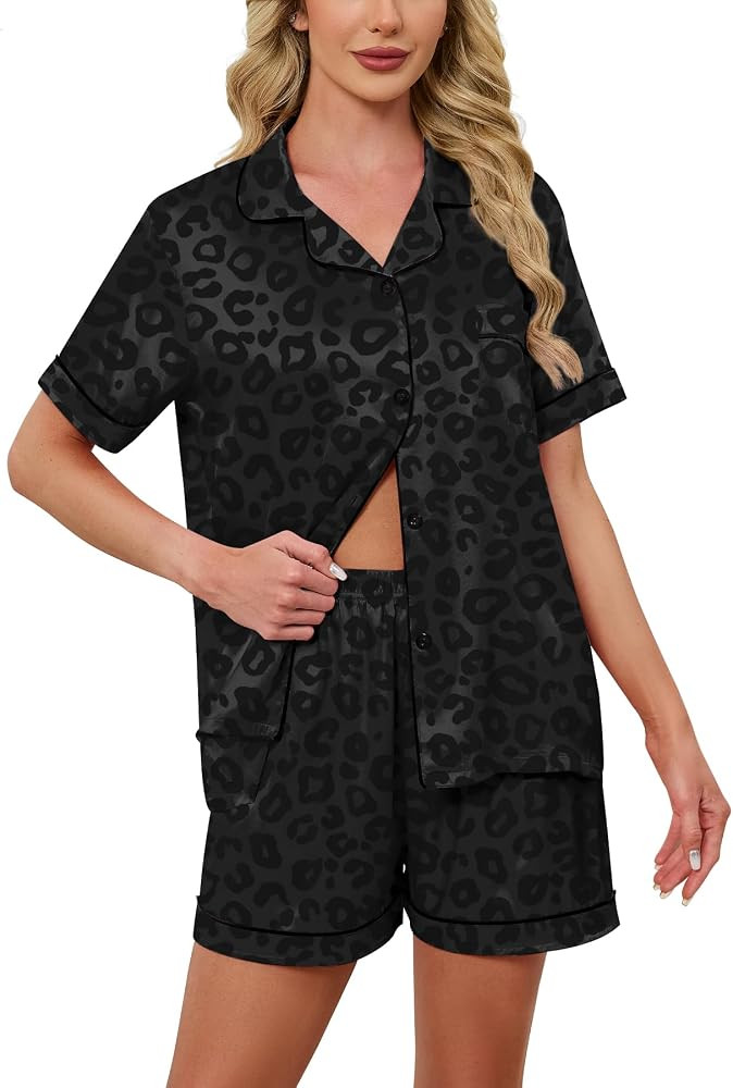 Women Pajamas Set, 2 Pieces Satin Silk Button Down Pjs Short Sleeve Outfits Loungewear | Amazon (US)