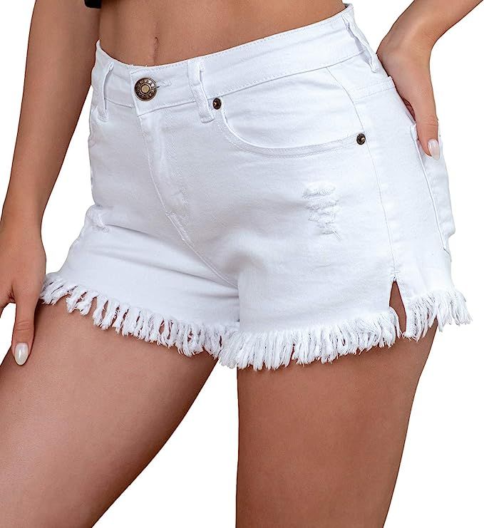 IWOLLENCE Denim Shorts Women Frayed Hem Stretchy Jeans Shorts for Women Casual Summer Mid Rise Di... | Amazon (US)