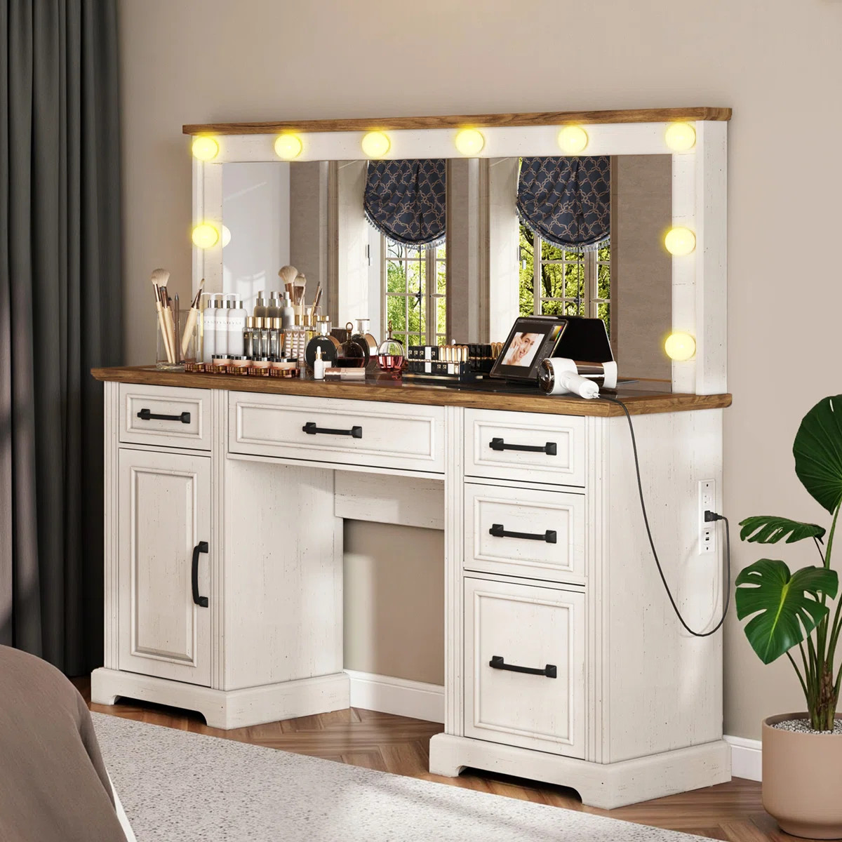 Cioeta 55.1"W Makeup Vanity with Hollywood Mirror, 5 Drawers & Adjustable Cabinet & Charging Stat... | Wayfair North America