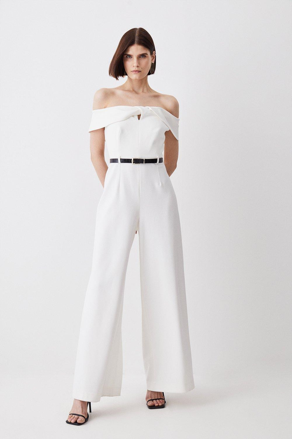 Tall Structured Crepe Off The Shoulder Belted Wide Leg Jumpsuit | Karen Millen US