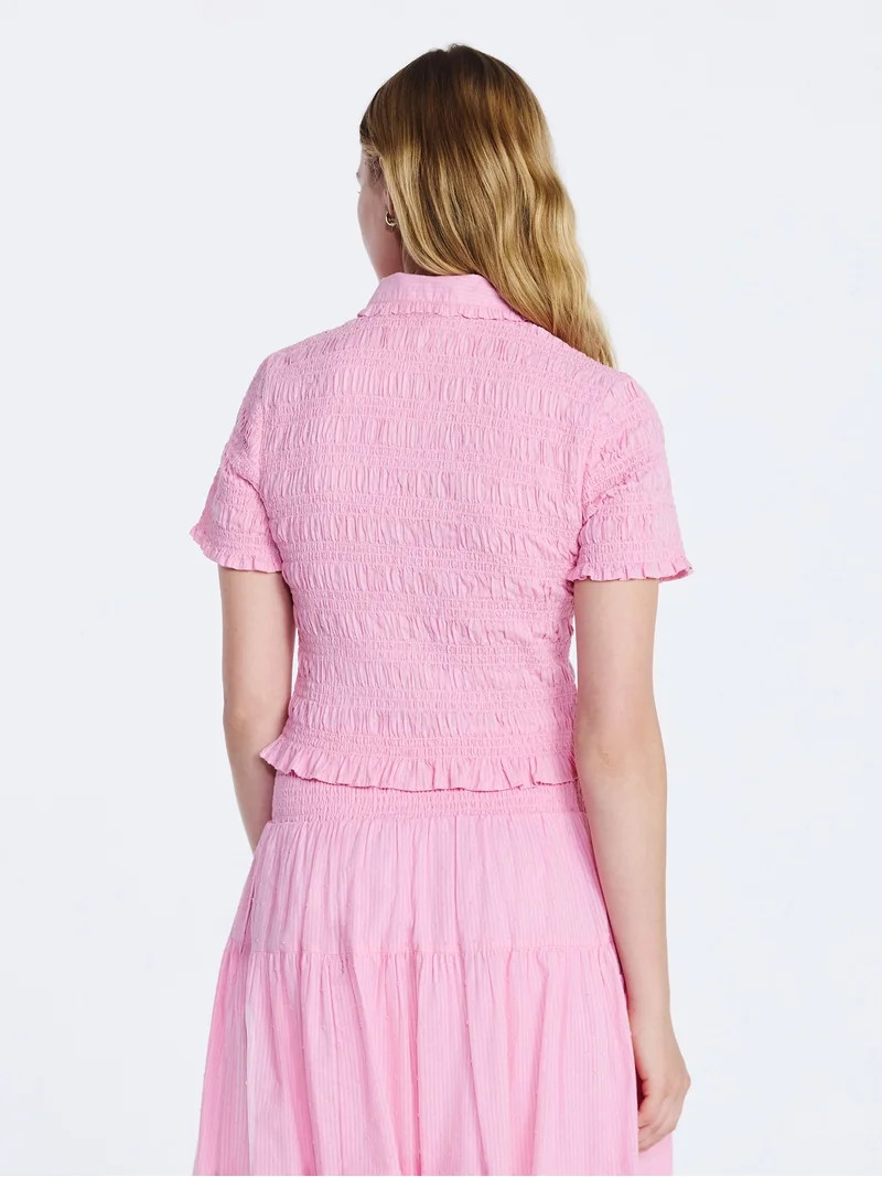 Free Assembly Women's Smocked Cotton Button Front Shirt with Short Sleeves XS-XXL | Walmart (US)