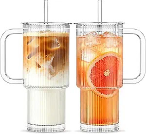 INSETLAN 24oz Ribbed Glass Tumbler with Handle & Lid – 2-Pack Large Iced Coffee Cups with Straw... | Amazon (US)