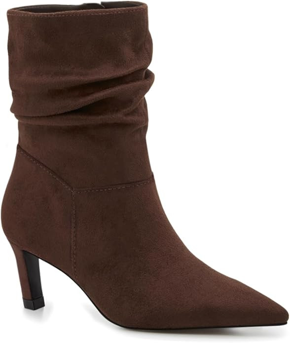 Coutgo Women's Slouch Ankle Boots Kitten Low Heel Pointed Toe Zip Booties | Amazon (US)