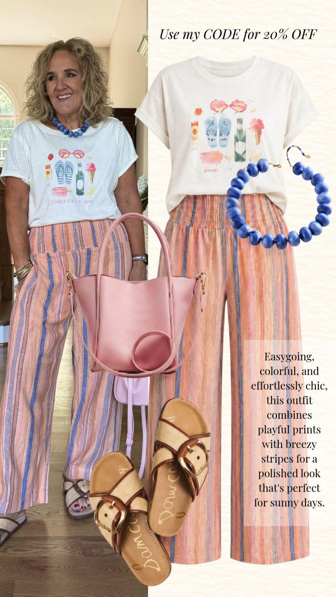 ✨ Save 20% off orders of $100+ at Anthropologie with code NANETTE20.
Size down in the pants, tee true to size 

This colorful outfit is such a fun way to brighten up your summer wardrobe! The graphic tee paired with the breezy striped pants creates an effortless look that's perfect for vacations, weekend outings, brunch, or casual days when you still want to look put together. I love how the pink bag and blue accessories tie everything together!

💡 LTK MADE EASY
❤️ Heart = Support my posts!
🔖 Save = Get sale & restock alerts
📋 Lists = Keep favorites organized
📲 Share = Send lists and products to a friend. Hello, Christmas List!
💬 Comment = Ask me anything about sizing or fit. 😊

#LTKootd #LTKOver40 #LTKSaleAlert