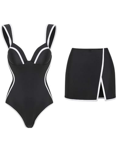 FLAXMAKER Women's One Piece Swimsuit Slimming Tummy Control Bathing Suit Block Adjustable Lace Up Back Swimsuit and Skirt (US, Alpha, Medium, Regular, Regular, Black #2 Swimsuit and Skirt) | Amazon (US)
