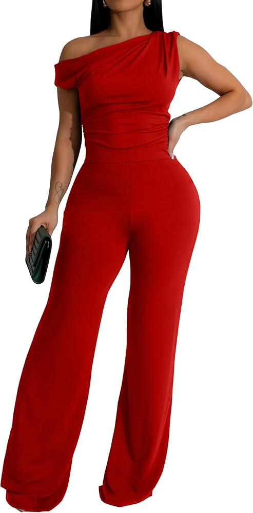 GOKATOSAU Women's One Off Shoulder Sleeveless Ruched High Waist Long Wide Leg Pants Jumpsuit | Amazon (US)
