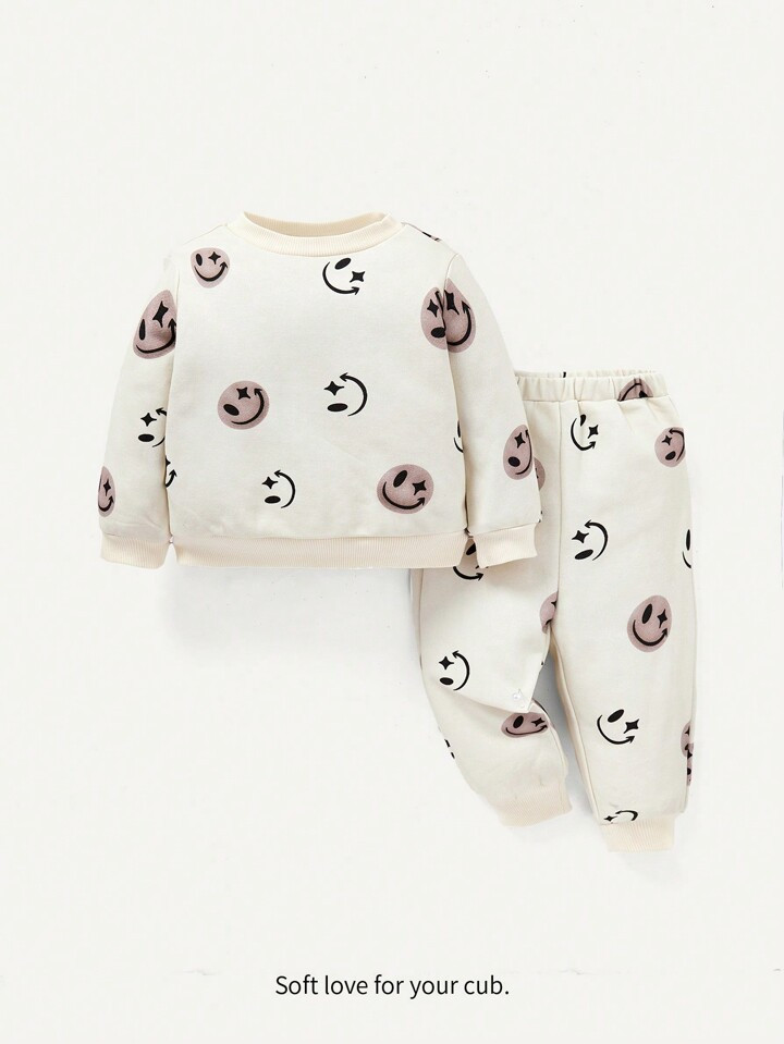 Cozy Cub Baby Boys' Face Patterned Pullover With Round Neckline And Jogger Pants Set | SHEIN