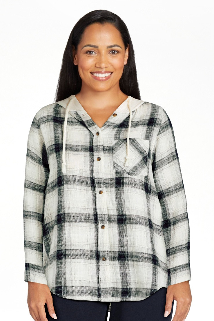 Time and Tru Women's Hooded Flannel Button Down Shirt with Long Sleeves, Sizes XS-XXXL | Walmart (US)