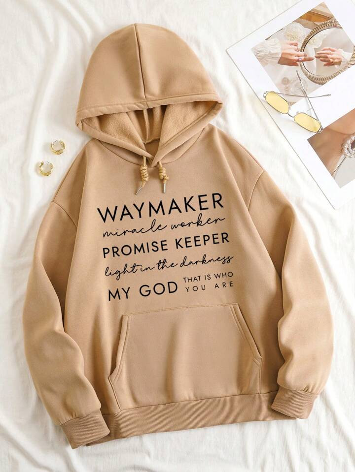 Slogan Graphic Kangaroo Pocket Drawstring Thermal Hoodie | SHEIN