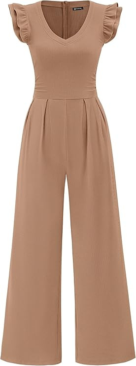 PRETTYGARDEN One Piece Jumpsuits For Women Dressy Ruffle Cap Sleeve V Neck Ribbed Knit Wide Leg R... | Amazon (US)