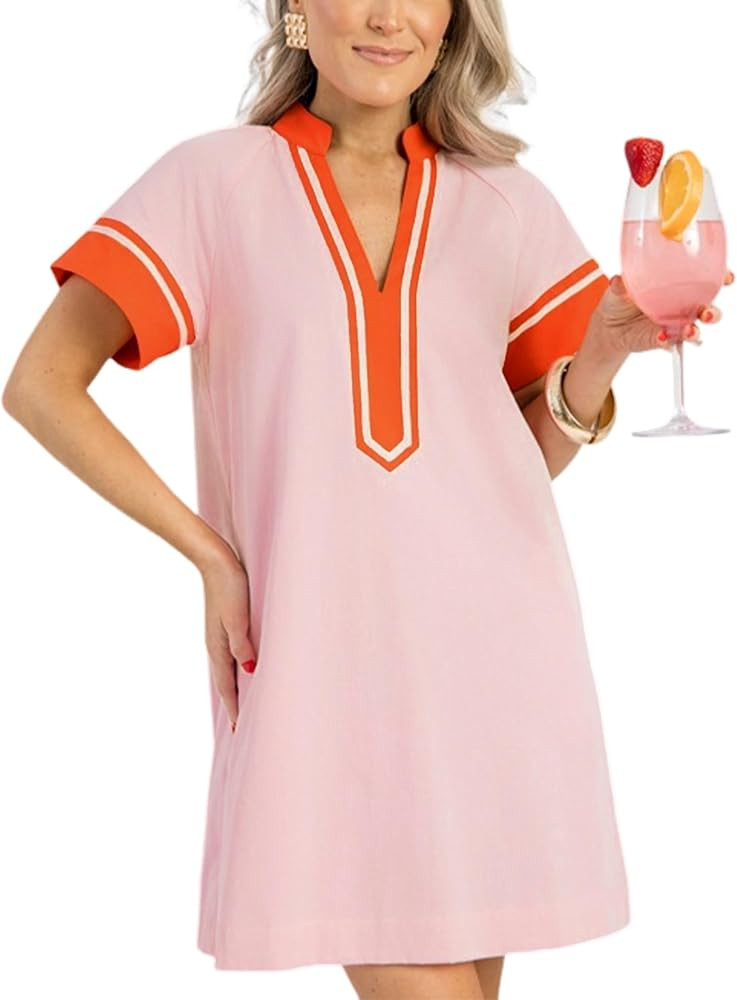 QIBABU Linen Dress for Women V Neck Color Block Summer Short Sleeve A-Line Mini Dress with Pocket... | Amazon (US)