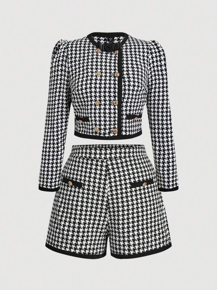 SHEIN MOD Plus Size Retro Black & White Checkered Color Block Blazer And Shorts 2pcs Set,Plaid,Ba... | SHEIN