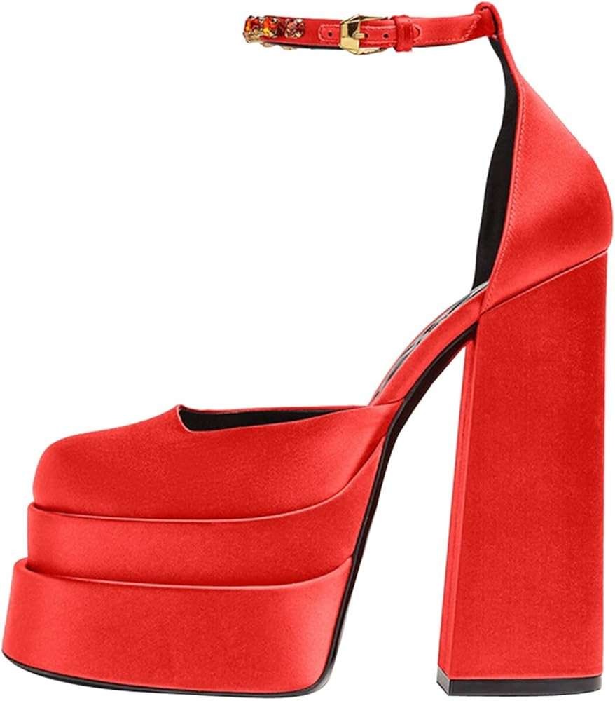 keleimusi Hot Heeled Platform Pumps for Women Silk Satin Chunky Heels Ankle Straps Sexy Fashion Dres | Amazon (US)
