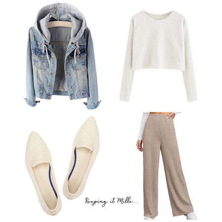 Casual spring outfit. Jean jacket hoodie, cropped sweater, wide leg lounge pants, knit pointed flats.

#LTKfindsunder50 #LTKover40 #LTKstyletip