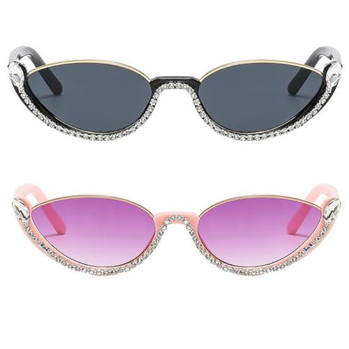 Fashion bling Rhinestone Cat Eye Sunglasses for Women Retro Narrow Cat-eye Diamond Sun Glasses Vintage Style Tinted Lens (2pcs-black gray&pink purple) | Amazon (US)