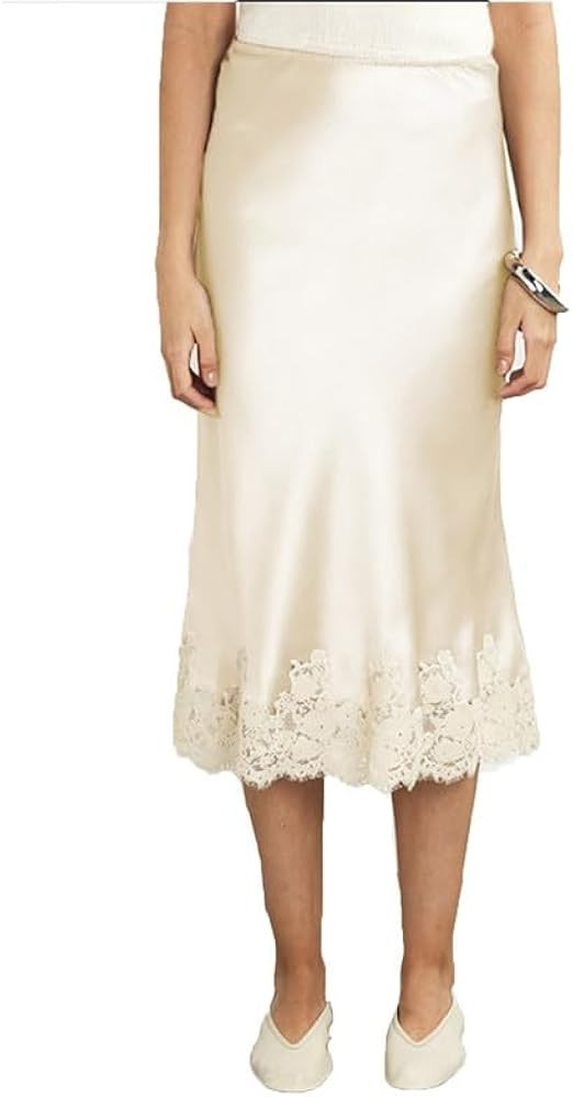 Women Silk Satin Half Slip Long Skirts Lace Patchwork Elastic Waist Long Skirt Elegant Silky Flow... | Amazon (US)