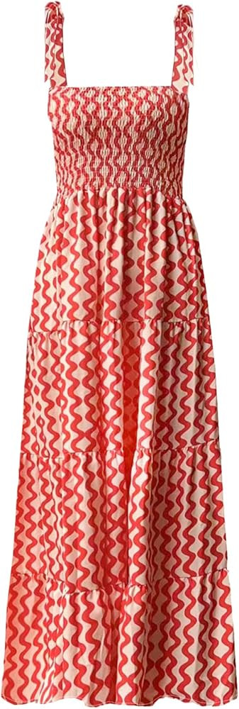 kinstell Women's Summer Boho Spaghetti Strap Square Neck Ruffle Casual Flowy Long Dress Beach Swi... | Amazon (US)