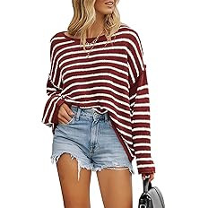 BTFBM Women's Striped Knit Sweaters 2025 Spring Fall Boat Neck Off Shoulder Long Sleeve Oversized... | Amazon (US)
