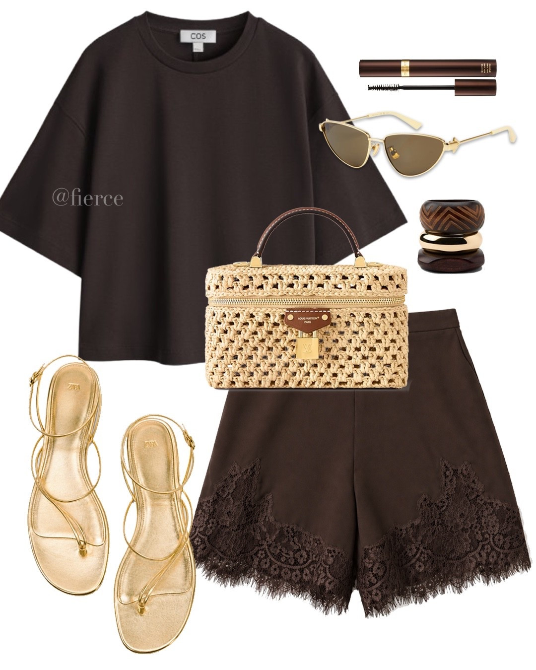Brown lace shorts chocolate oversized tshirt gold tie up sandals raffia mini bag wooden and gold bangle 

#LTKuk #LTKspring #LTKsummer
