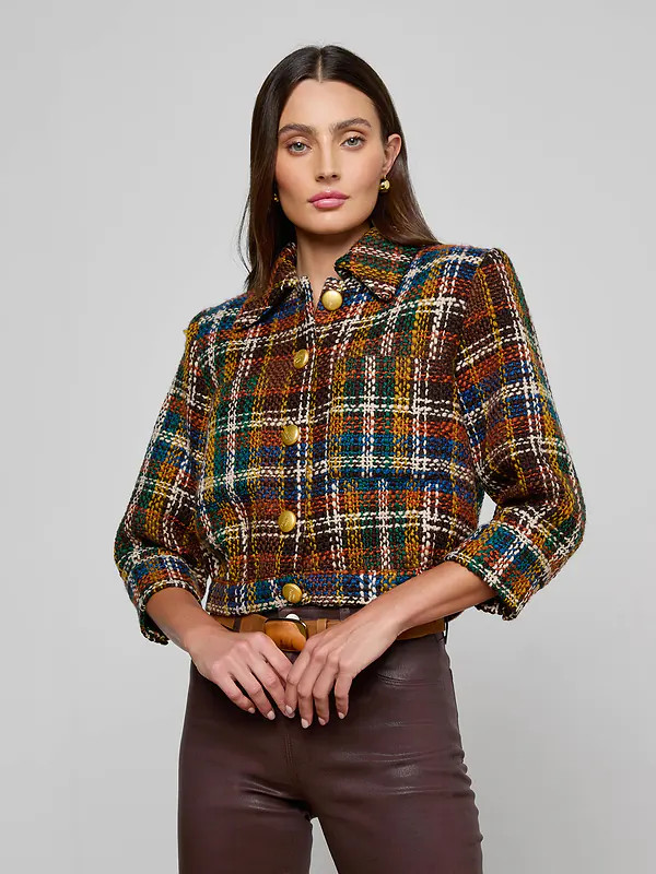 Jia Cropped Tweed Jacket in Brown Multi Plaid | L'AGENCE | L'Agence