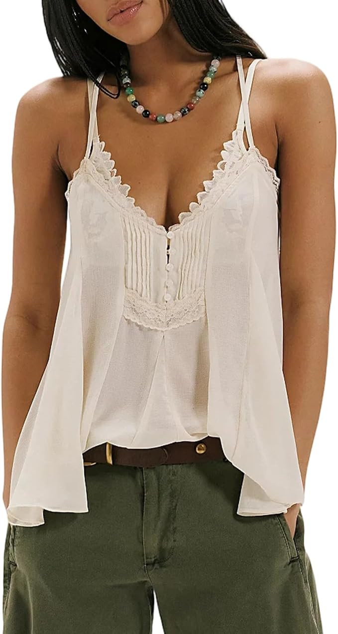 Womens Camisole Tops Adjustable Straps V Neck Sheer Tops Summer Y2K Lace Trim Flowy Going Out Tan... | Amazon (US)