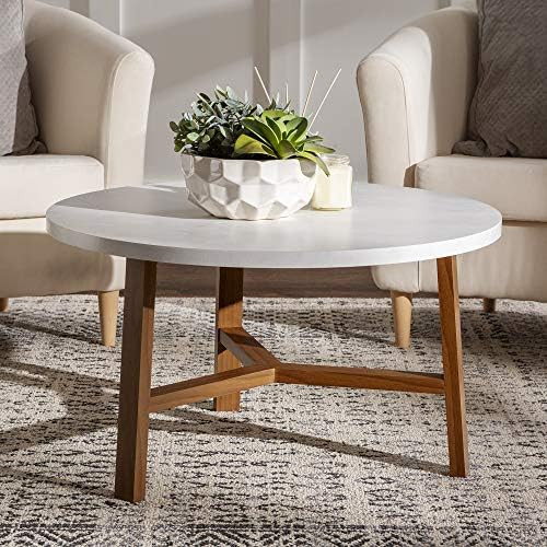 Walker Edison Mid Century Modern Round Coffee Table Living Room Accent Ottoman Storage Shelf, 30 ... | Amazon (US)