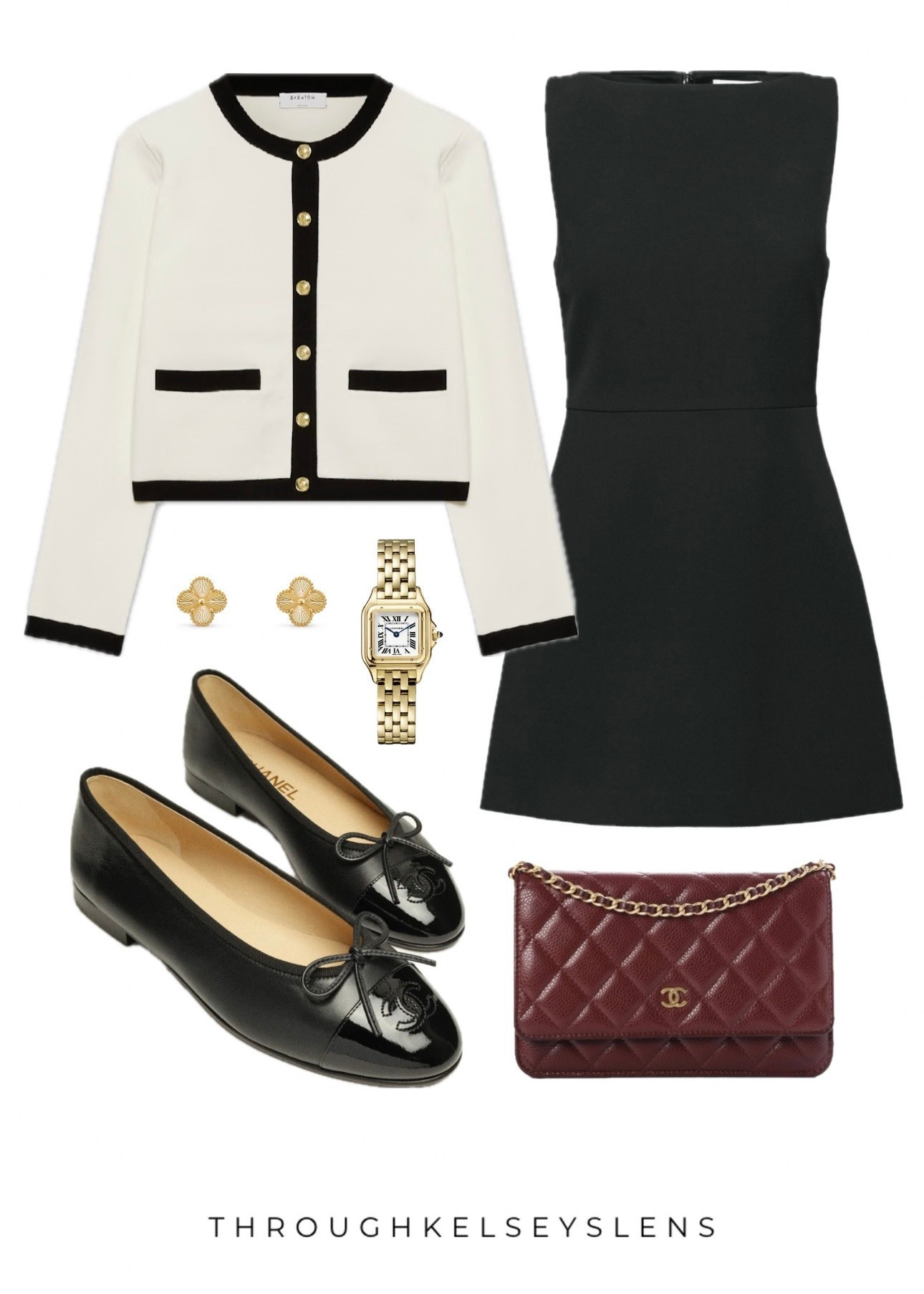 Business casual office outfit black mini shift dress white cardigan with black trim Chanel ballet flats wallet on chain classy classic old money aesthetic preppy workwear professional

#LTKootd #LTKWorkwear #LTKPetite