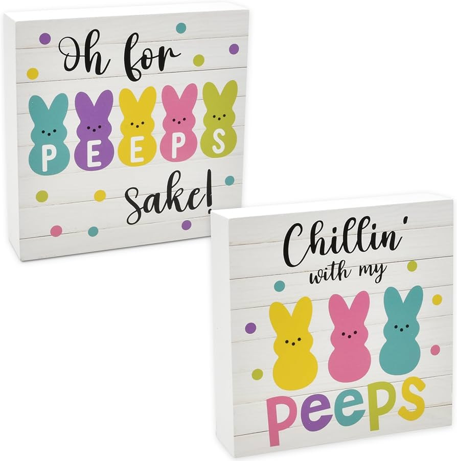 2 Funny Easter Bunny Decor Wooden Box Sign Peeps Table Decorations Centerpieces Wood Block Plaque... | Amazon (US)