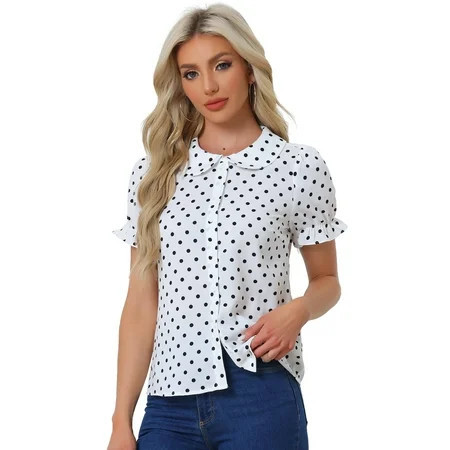 DARING DIVA Women's Polka Dots Doll Collar Puff Short Sleeve Shirts M White | Walmart (US)