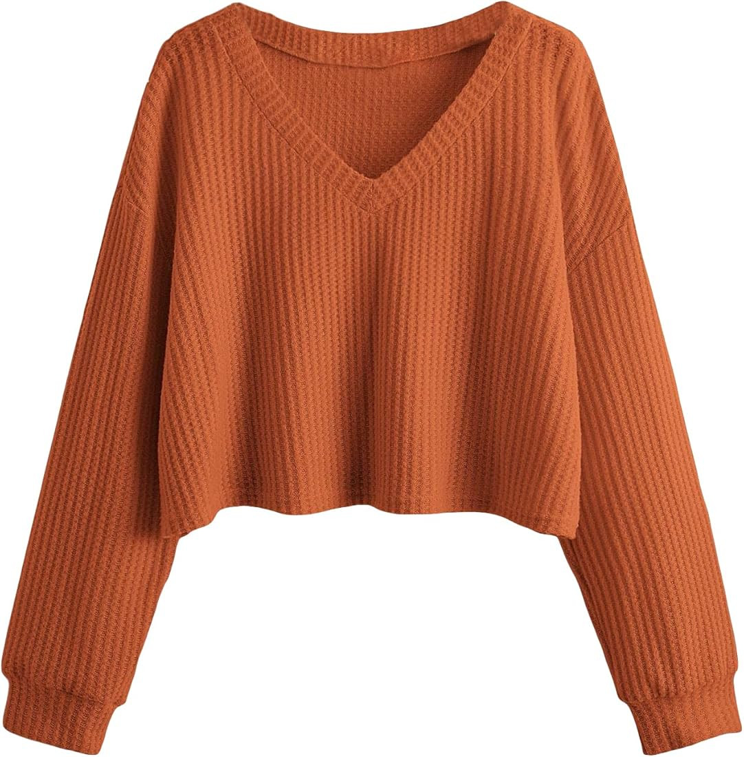 SOLY HUX Women's Plus Size Long Sleeve Crop Tops V Neck Pullover Drop Shoulder T Shirts Waffle Kn... | Amazon (US)