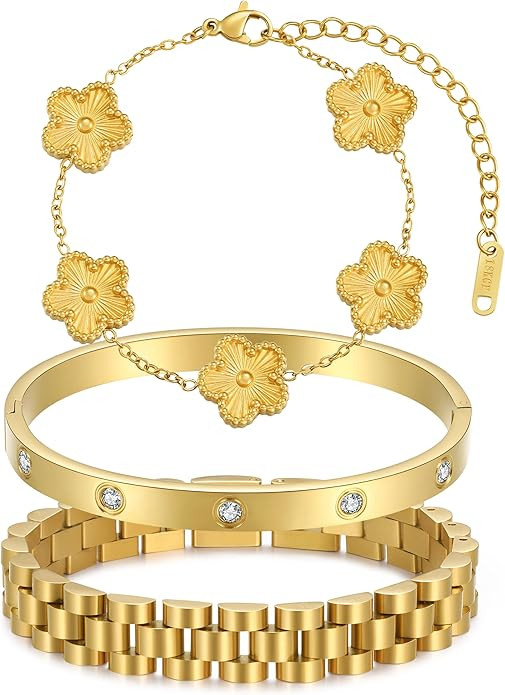 Stackable Four Leaf Clover Bracelets for Women, 18K Gold Plated Love Bangle Bracelets Set, 3 Pcs ... | Amazon (US)