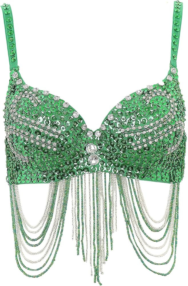 Women's Beaded Tassel Belly Dance Bras Sequin Rhinestone Stage Performance Top Costumes | Amazon (US)